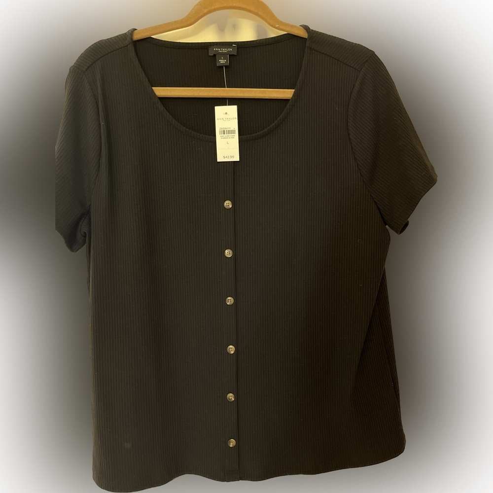 Ann Taylor Black Rib Knit Top Sz L NWT